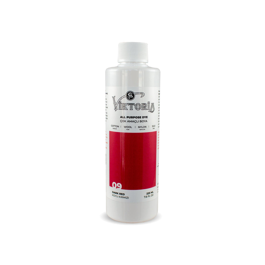 Viktoria all-purpose dark red fabric dye bottle for cotton, wool, silk, linen, viscose, bamboo, and nylon, 225ml